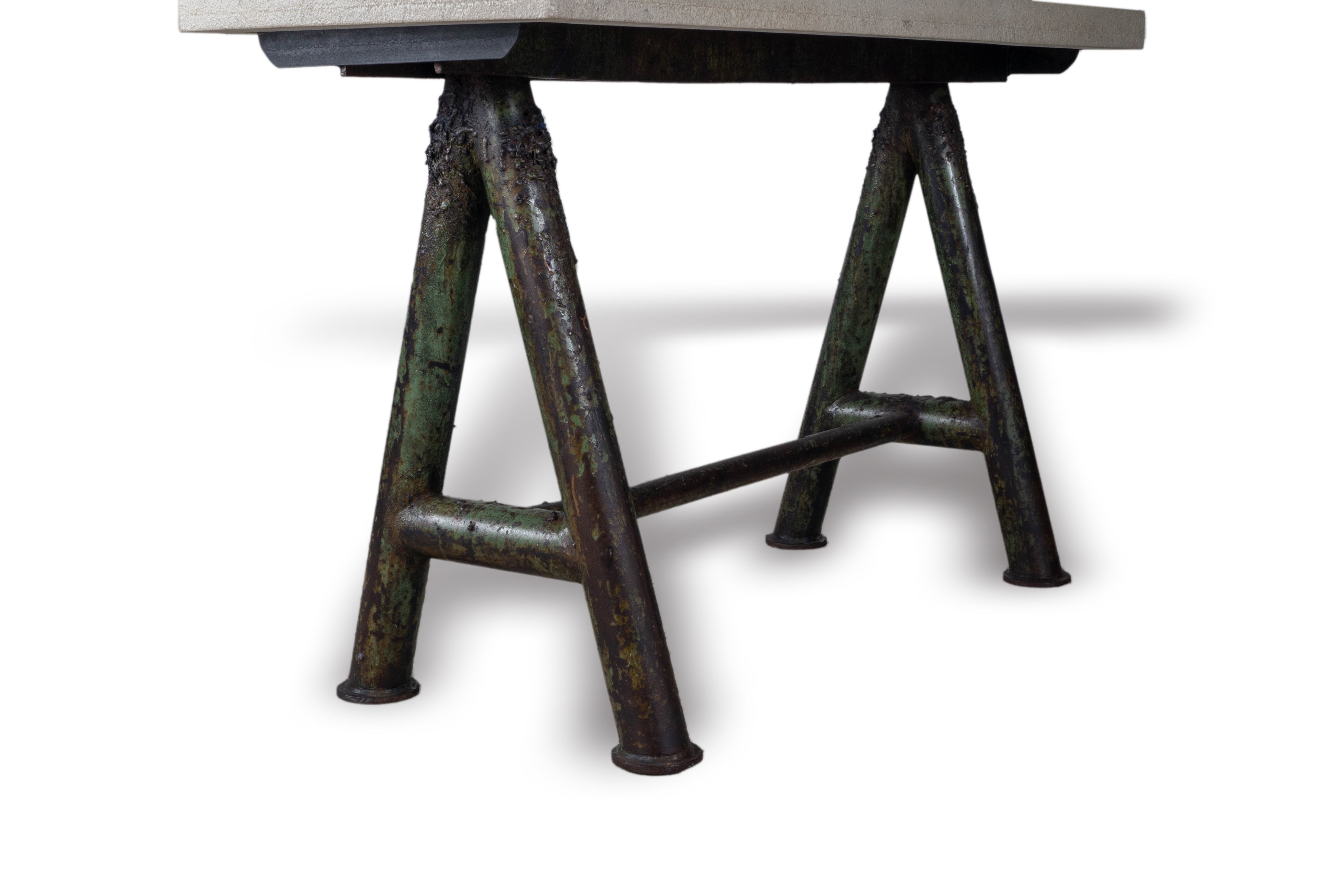 Vintage Cast Iron Craftsman's Sawhorse with Heavily Weathered Limestone Top