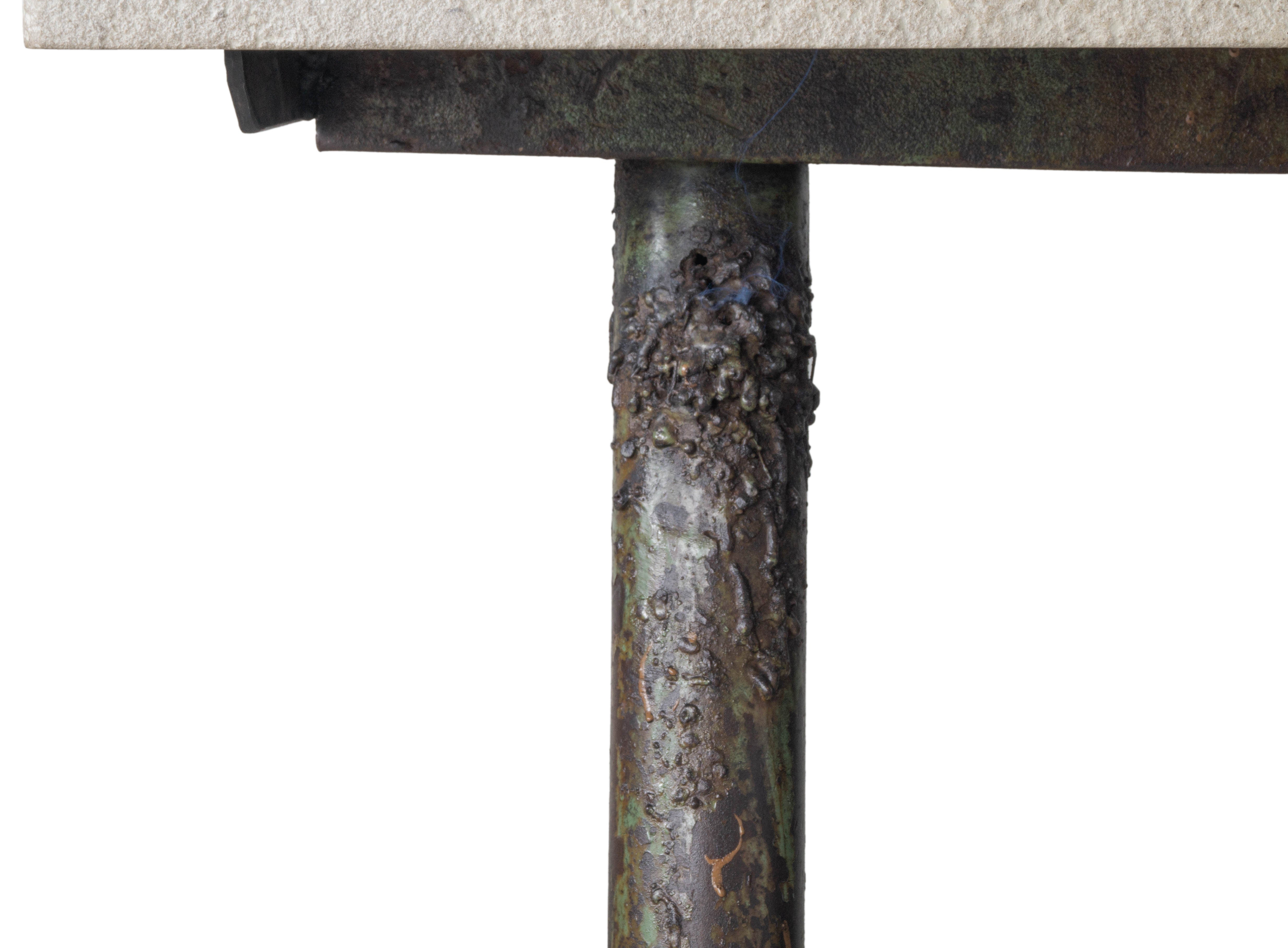 Vintage Cast Iron Craftsman's Sawhorse with Heavily Weathered Limestone Top