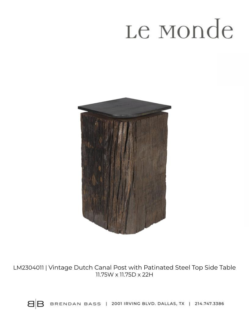 Vintage Dutch Canal Post with Patinated Steel Top Side Table