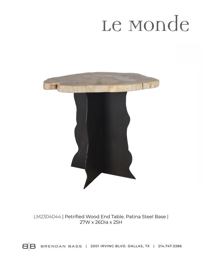 Petrified Wood Top on Free-Hand Ebonized Steel Base End Table