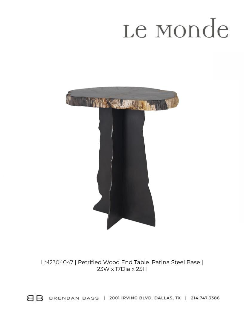 Petrified Wood Top on Free-Hand Ebonized Steel Base End Table