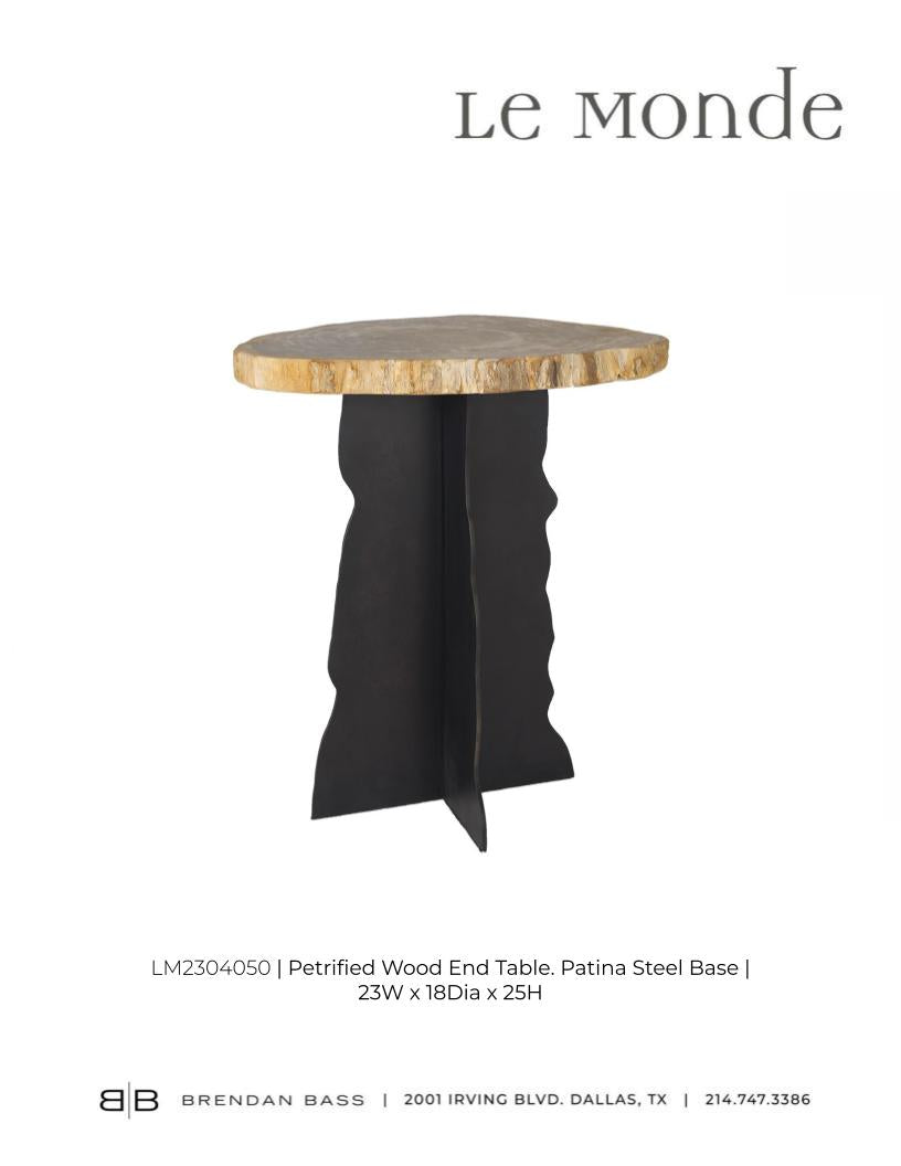 Petrified Wood Top on Free-Hand Ebonized Steel Base End Table