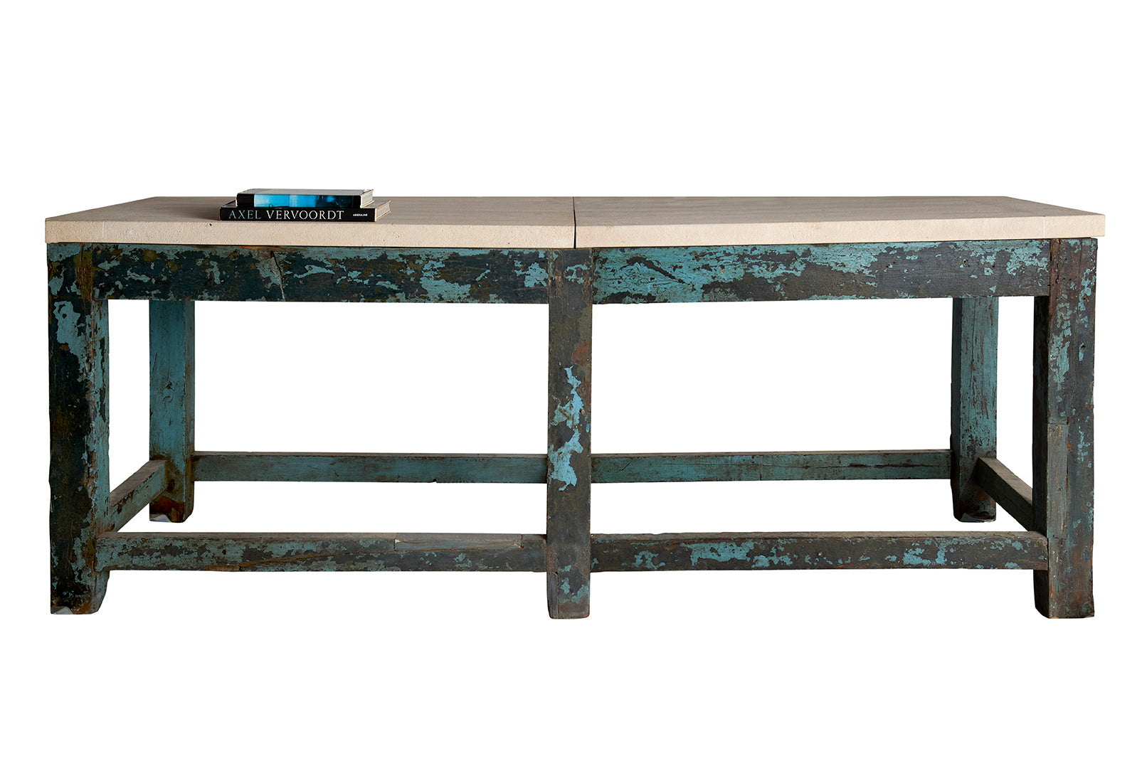 Vintage English Shop Table in Original Paint Patina with Limestone Top