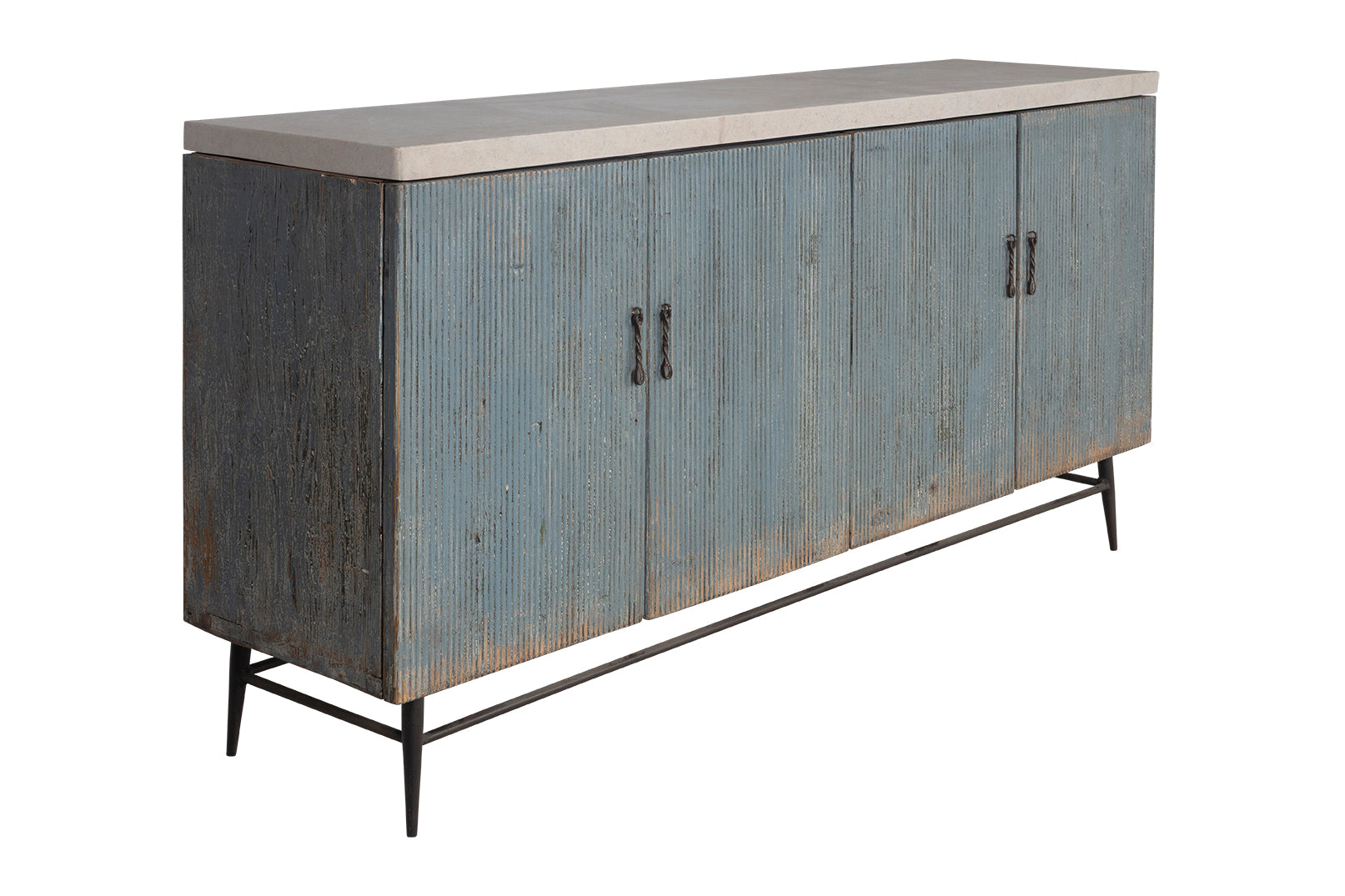Four Door Reeded Server in Original Paint Patina with Limestone Top