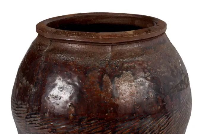 Glazed Terra Cotta Jar with Scored Texture