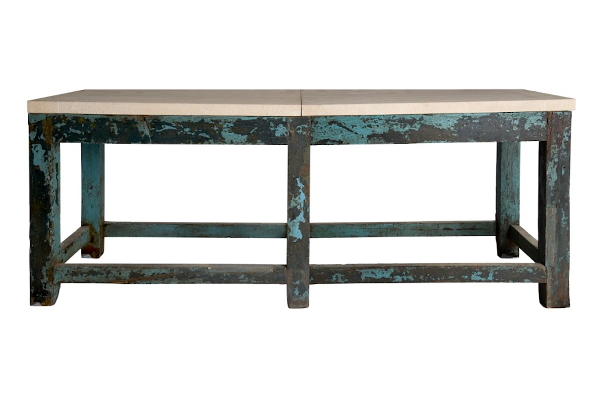 Vintage English Shop Table in Original Paint Patina with Limestone Top