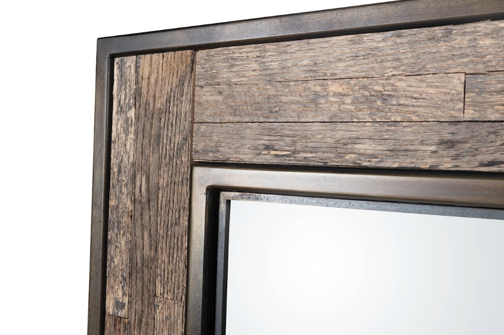 Square Metal Frame Mirror with Wood Panel Inlay