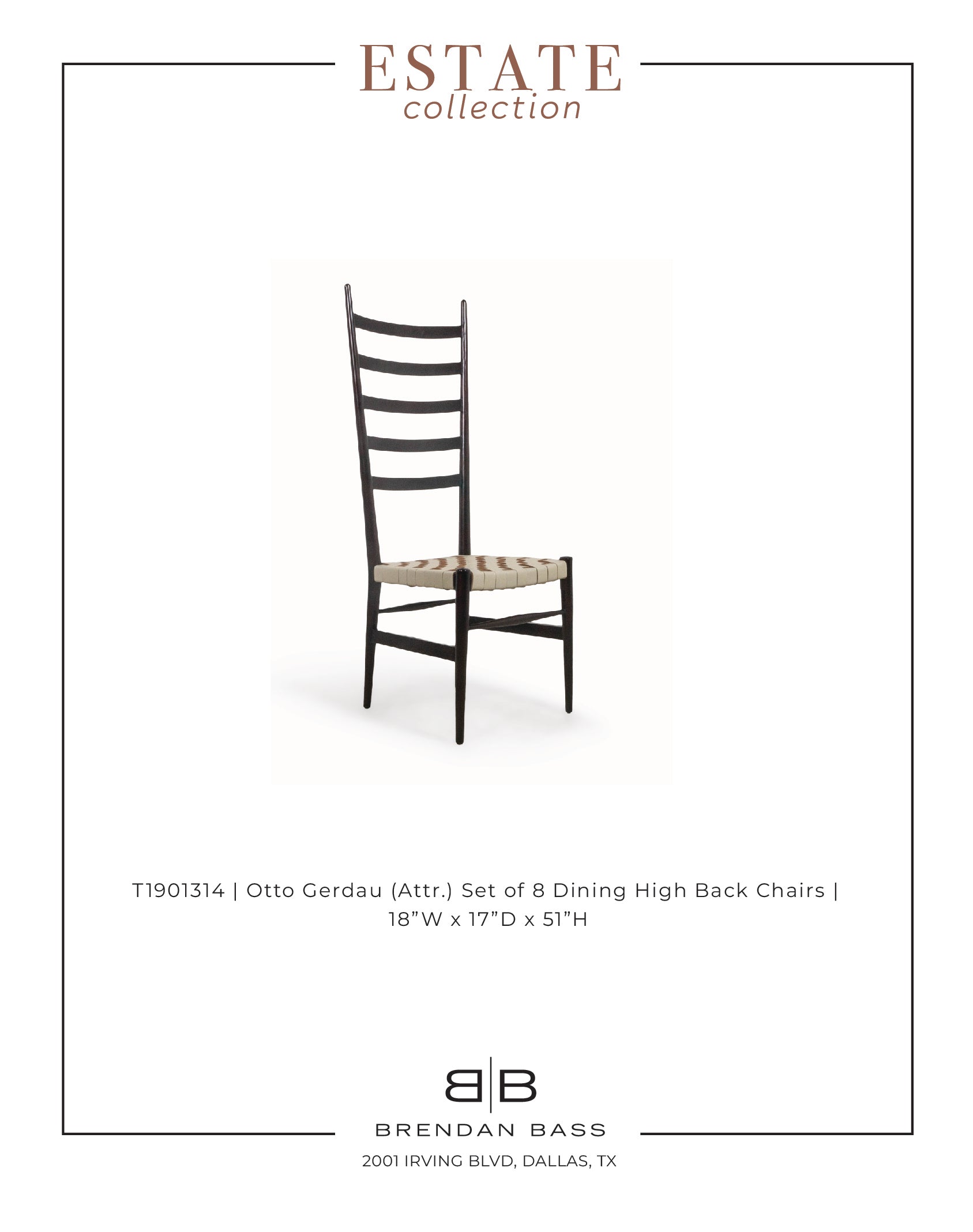 Otto Gerdau Set of 8 Dining Chairs with Basket-Weave Leather Seats and Black