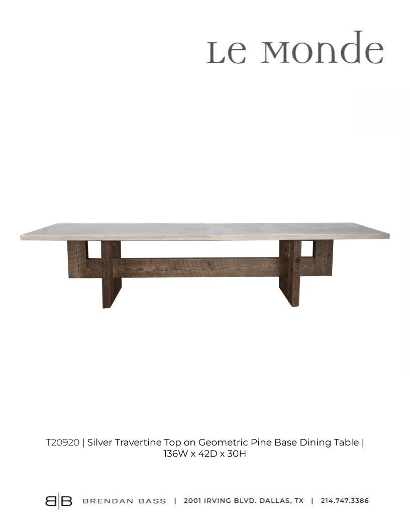 Travertine Top on Geometric Pine Base Dining Table