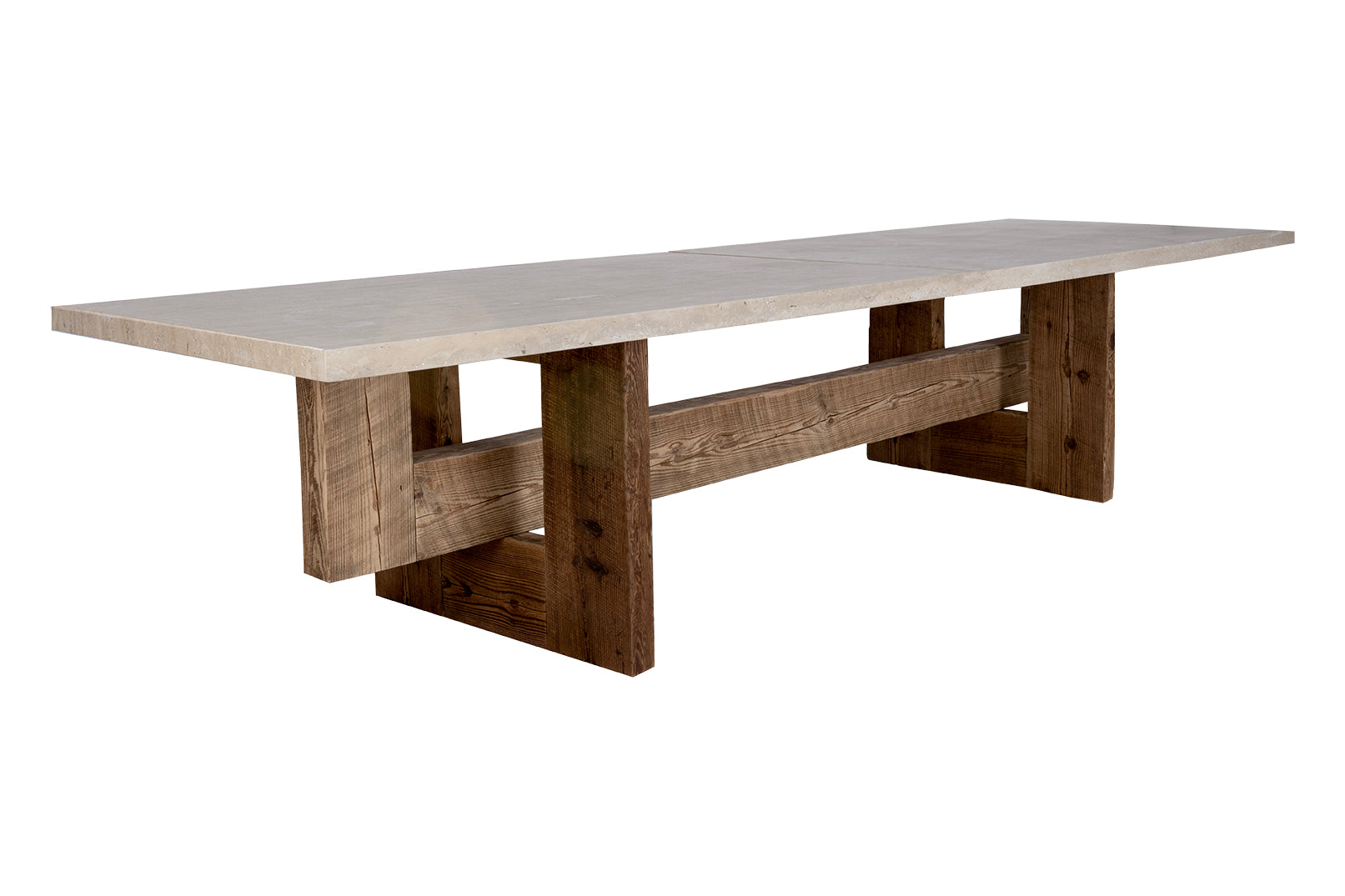 Travertine Top on Geometric Pine Base Dining Table