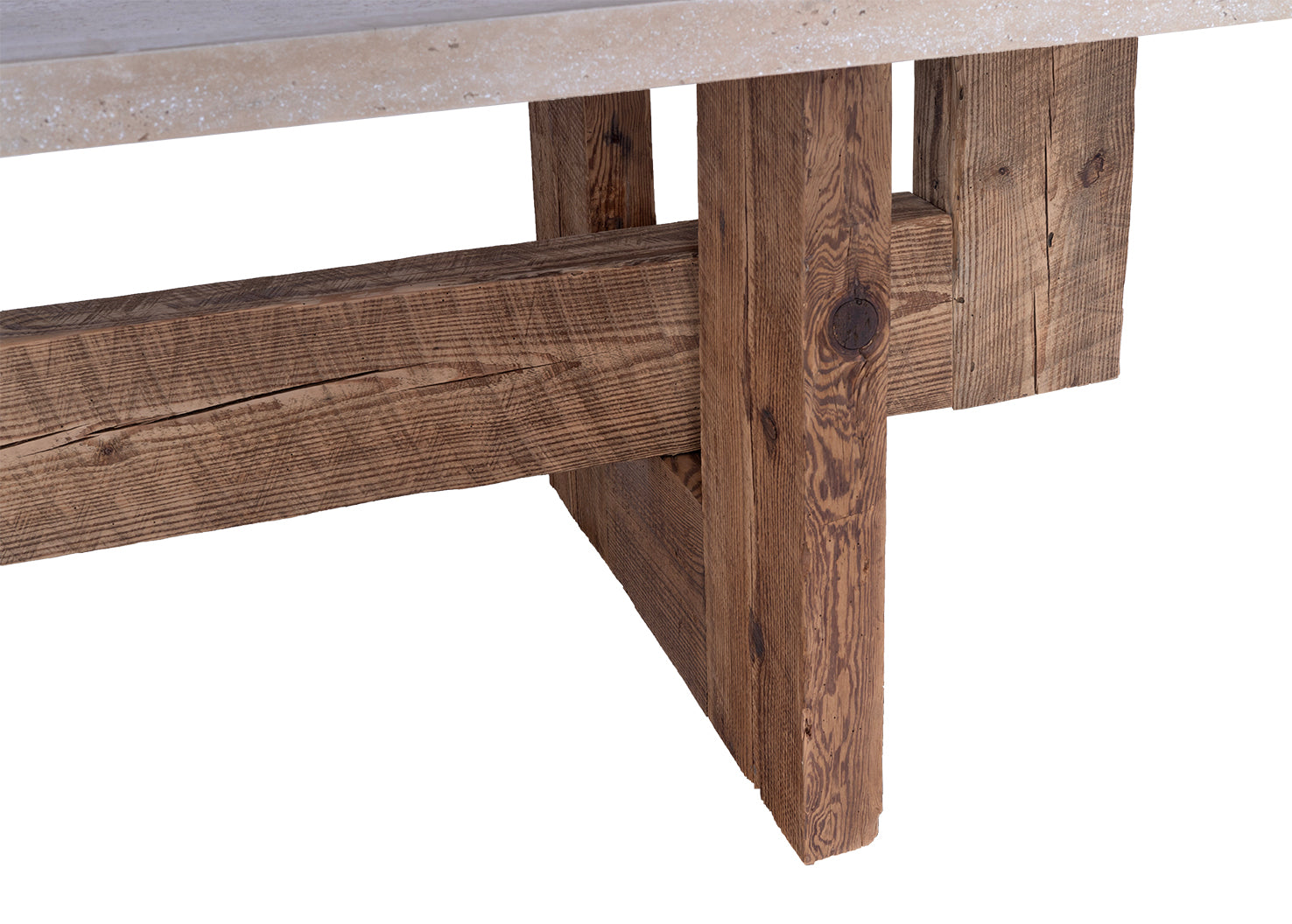 Travertine Top on Geometric Pine Base Dining Table