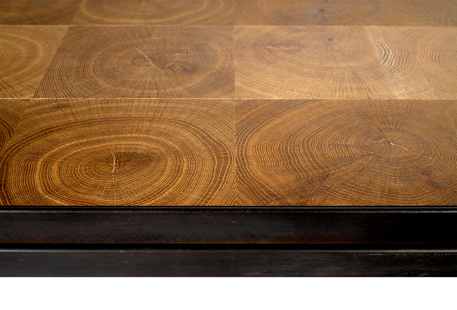 End Cut Oak Coffee Table with Steel Banding and Base