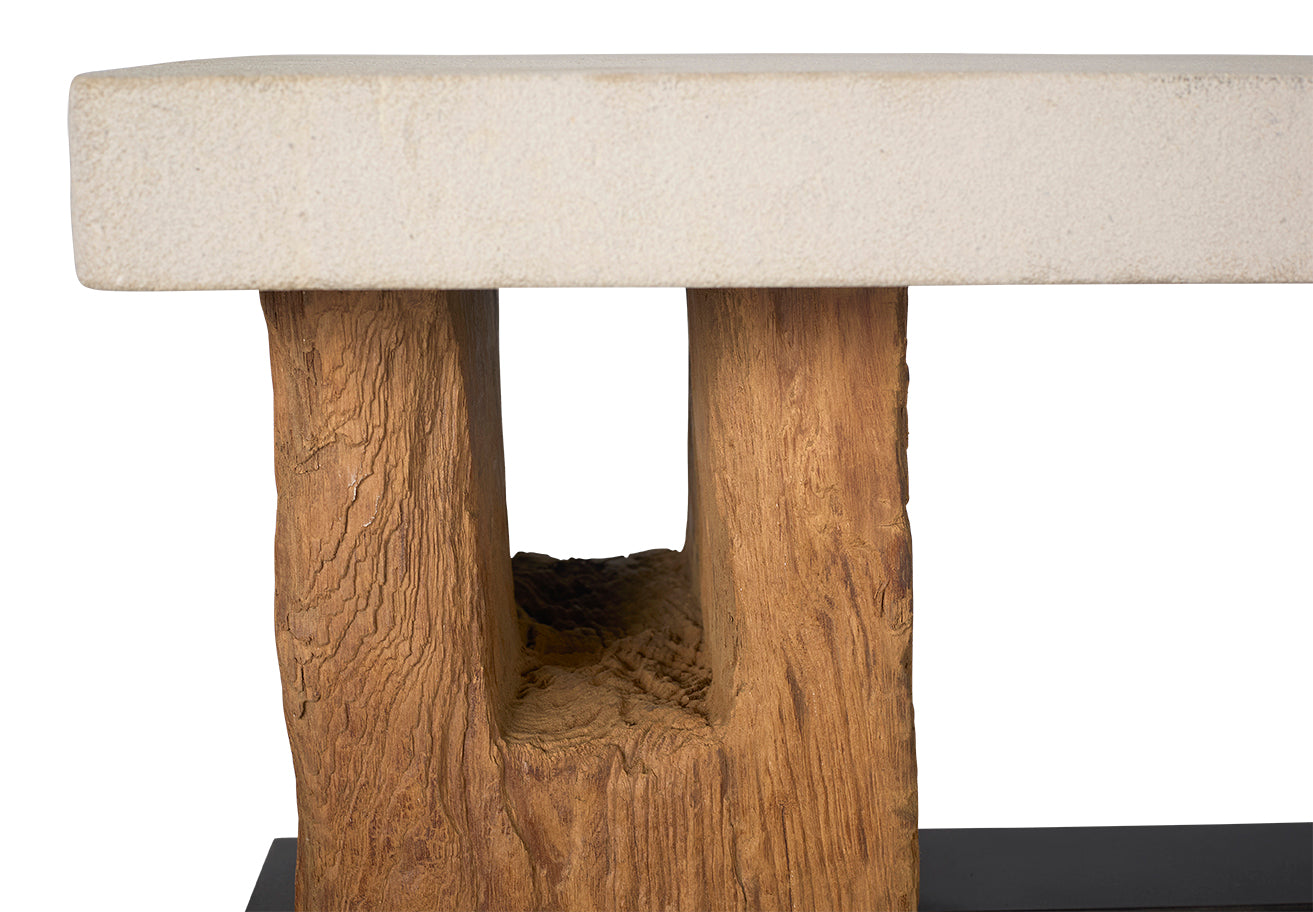 Reclaimed Architectural Pine Beams with Metal Stretcher and Limestone Top