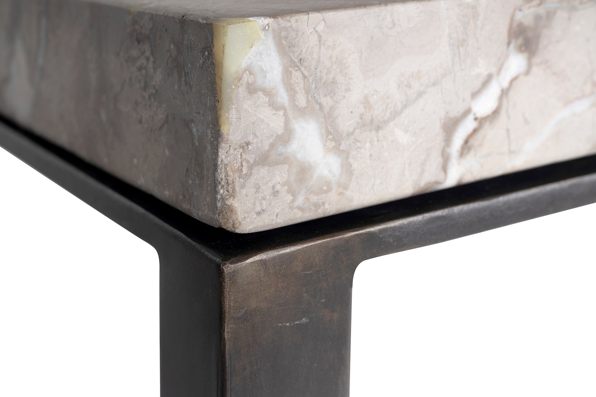 Vintage French Honed Stone Top Black Patina Steel Base Console