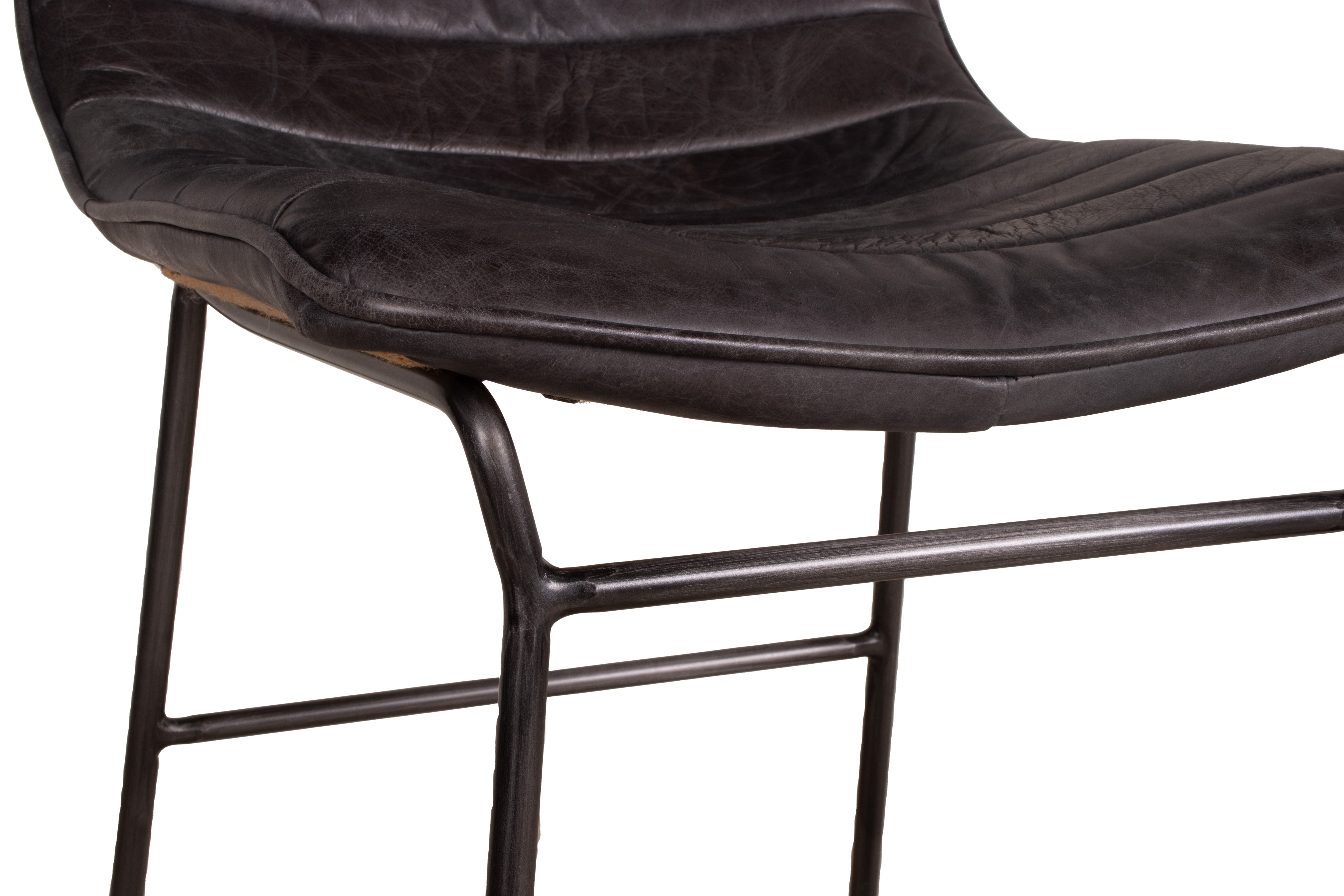 Modern Bar Chair in Channeled Leather with Steel Base