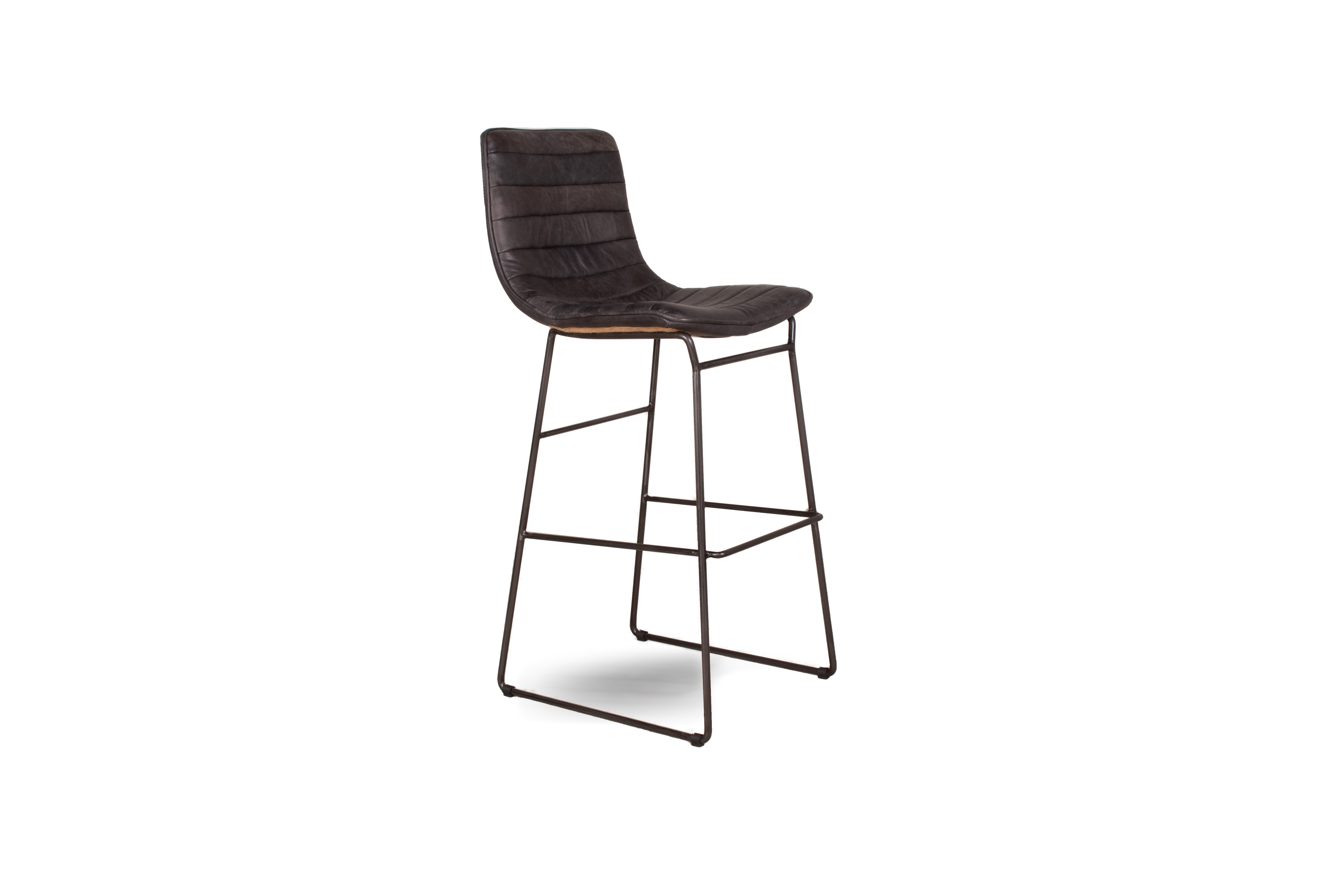 Modern Bar Chair in Channeled Leather with Steel Base