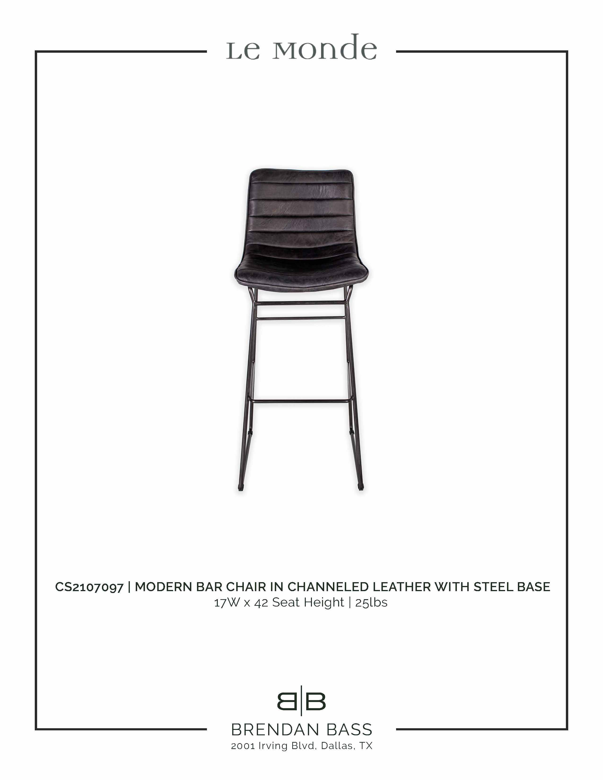 Modern Bar Chair in Channeled Leather with Steel Base