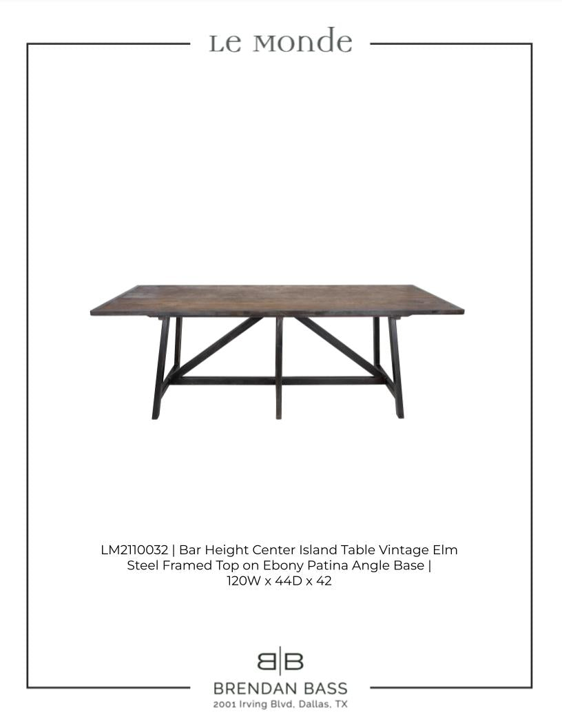 Bar Height Island Table, Vintage Elm Steel Framed Top, Ebony Patina Angle Base