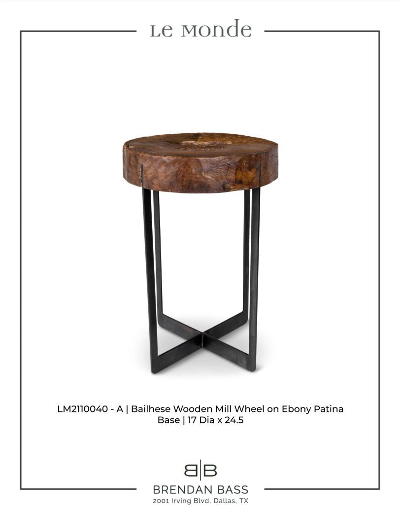 Balinese Wooden Mill Wheel on Ebony Patina Steel Base