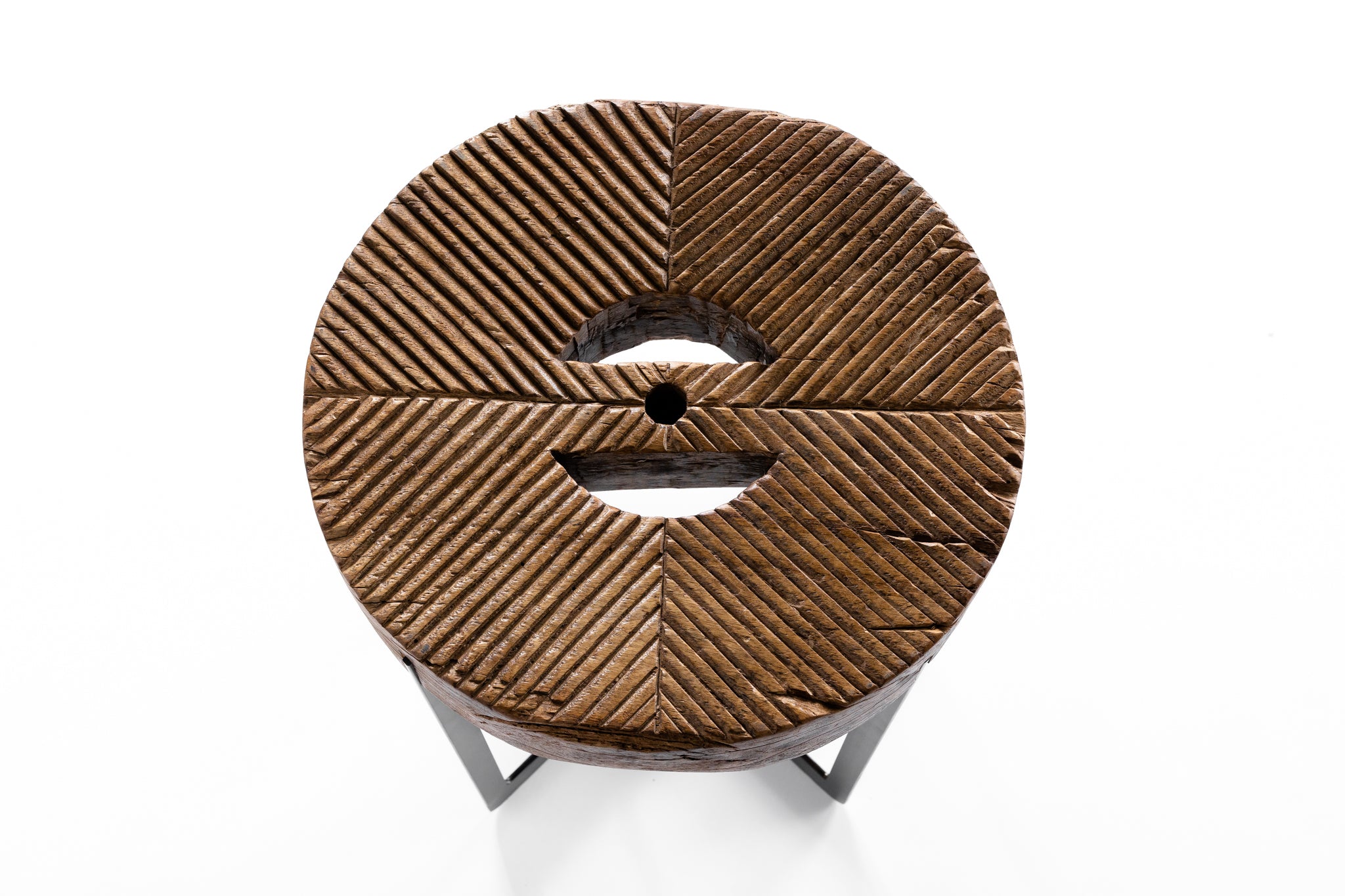 Balinese Wooden Mill Wheel on Ebony Patina Steel Base