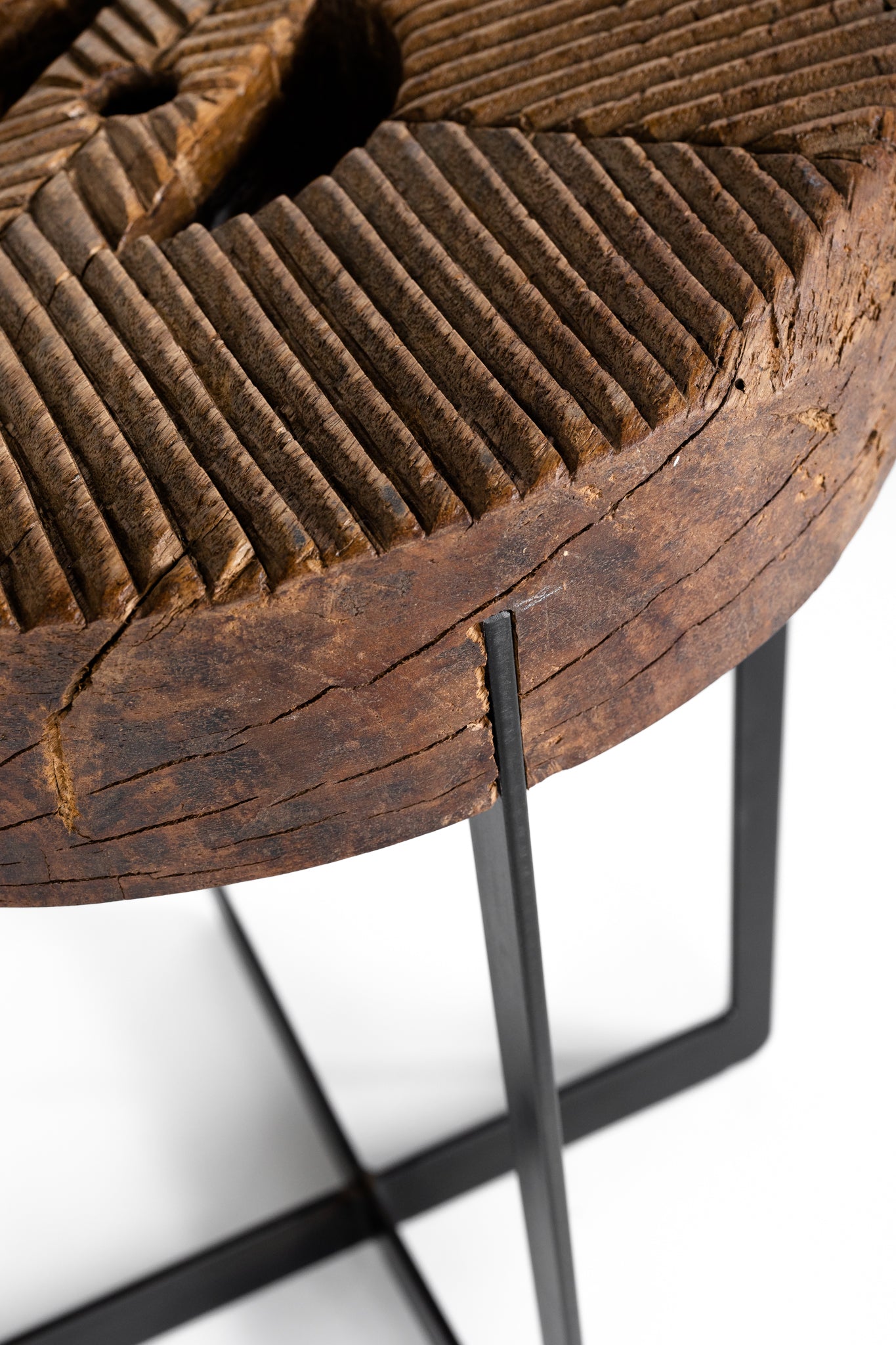 Balinese Wooden Mill Wheel on Ebony Patina Steel Base