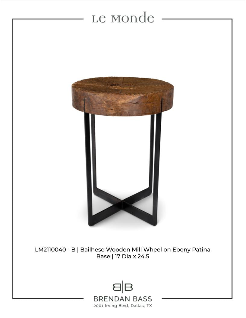 Balinese Wooden Mill Wheel on Ebony Patina Steel Base
