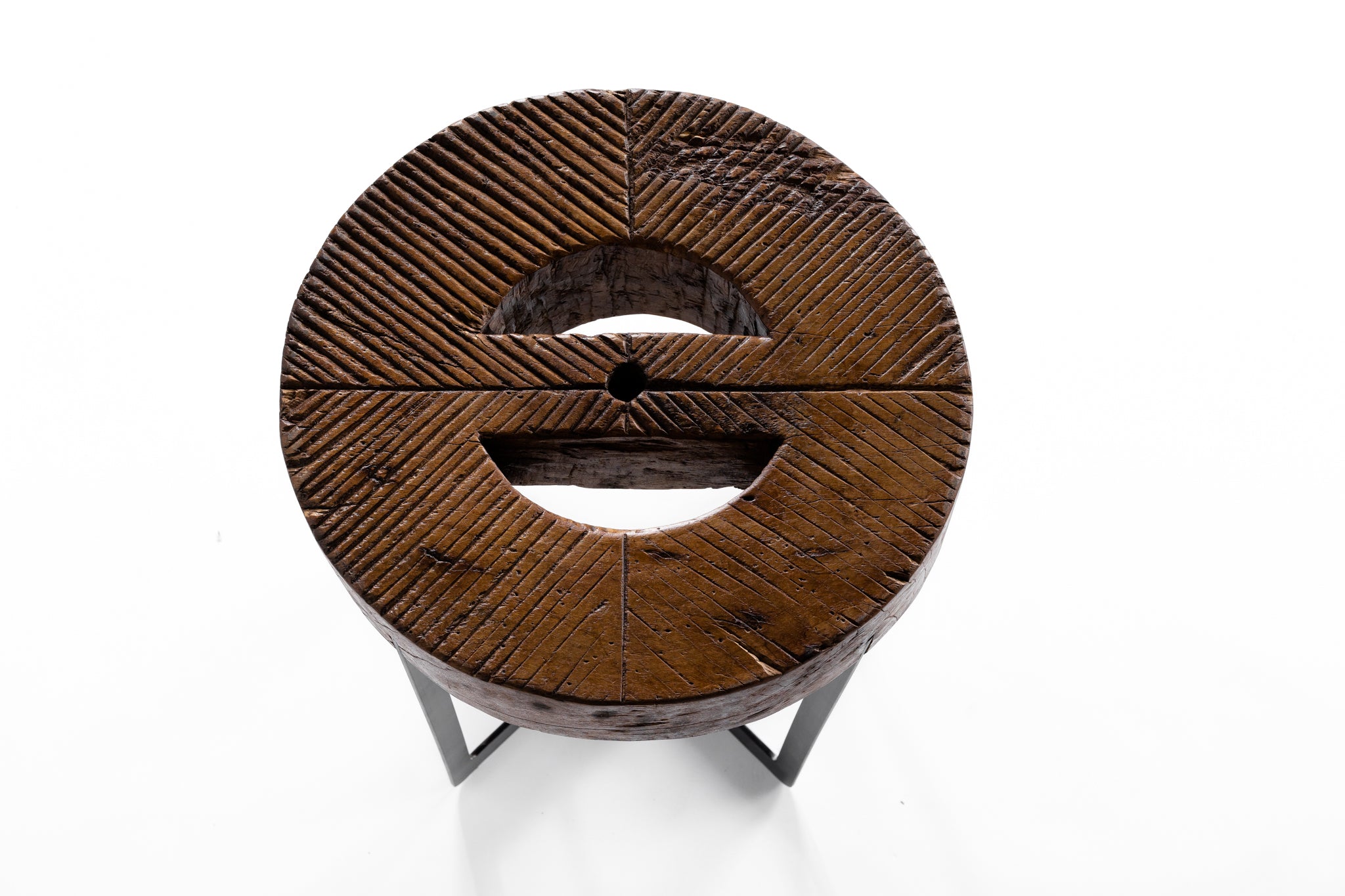Balinese Wooden Mill Wheel on Ebony Patina Steel Base
