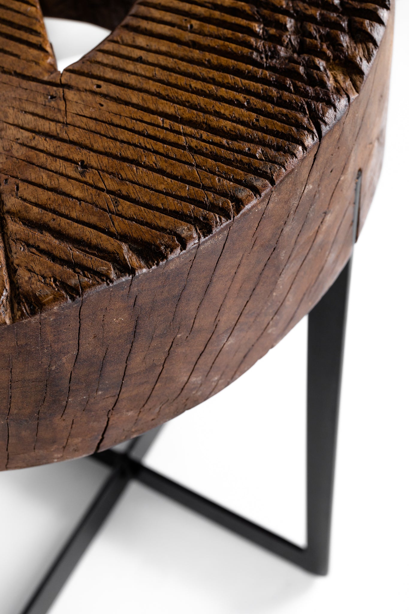 Balinese Wooden Mill Wheel on Ebony Patina Steel Base