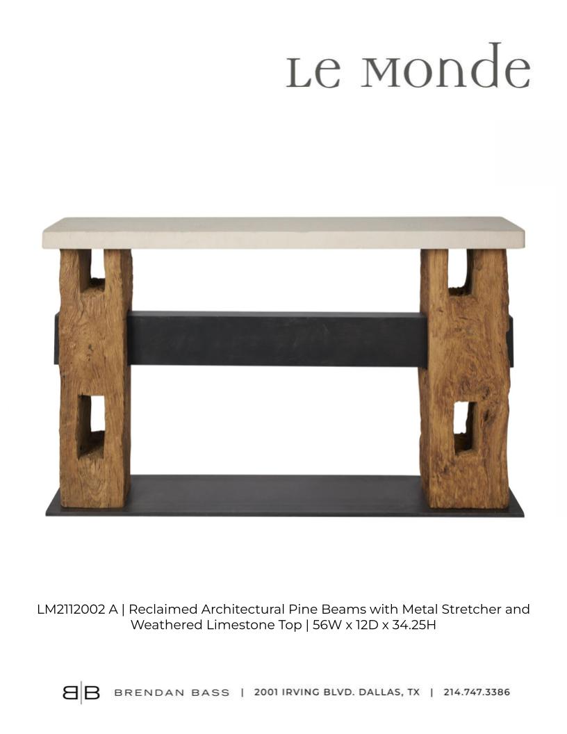 Reclaimed Architectural Pine Beams with Metal Stretcher and Limestone Top
