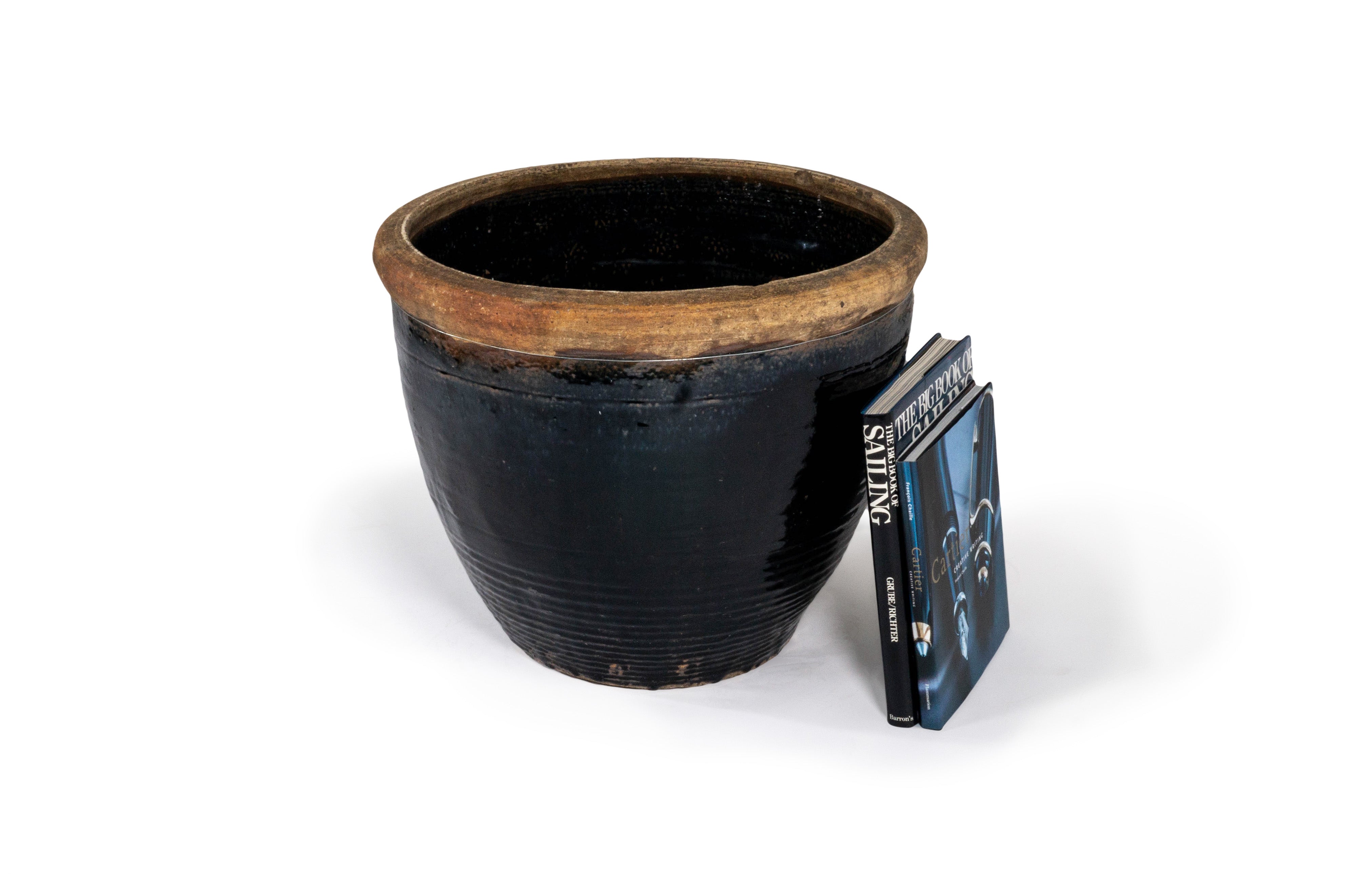 Short Black Glazed Terra Cotta Storage Vase