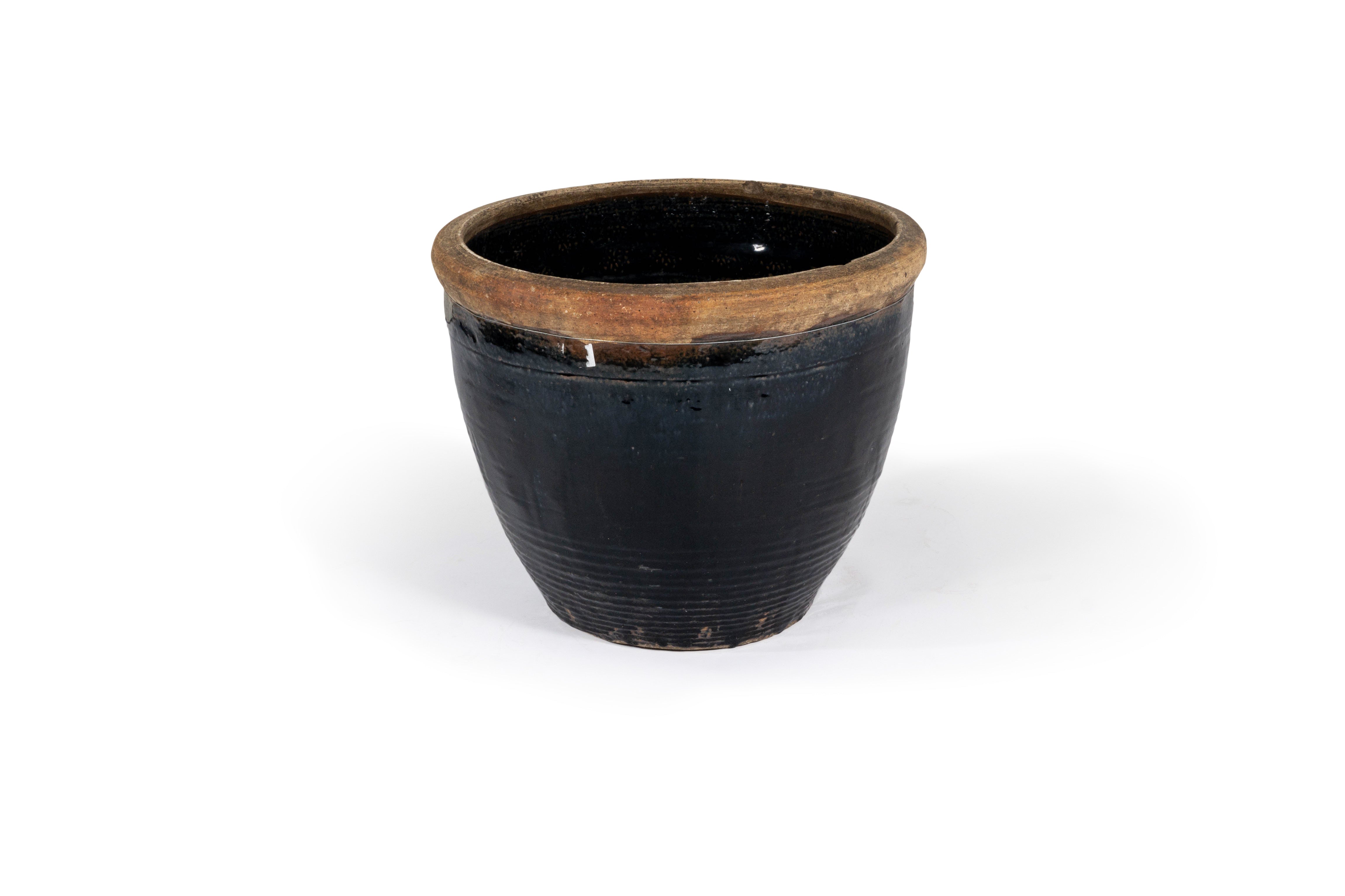 Short Black Glazed Terra Cotta Storage Vase