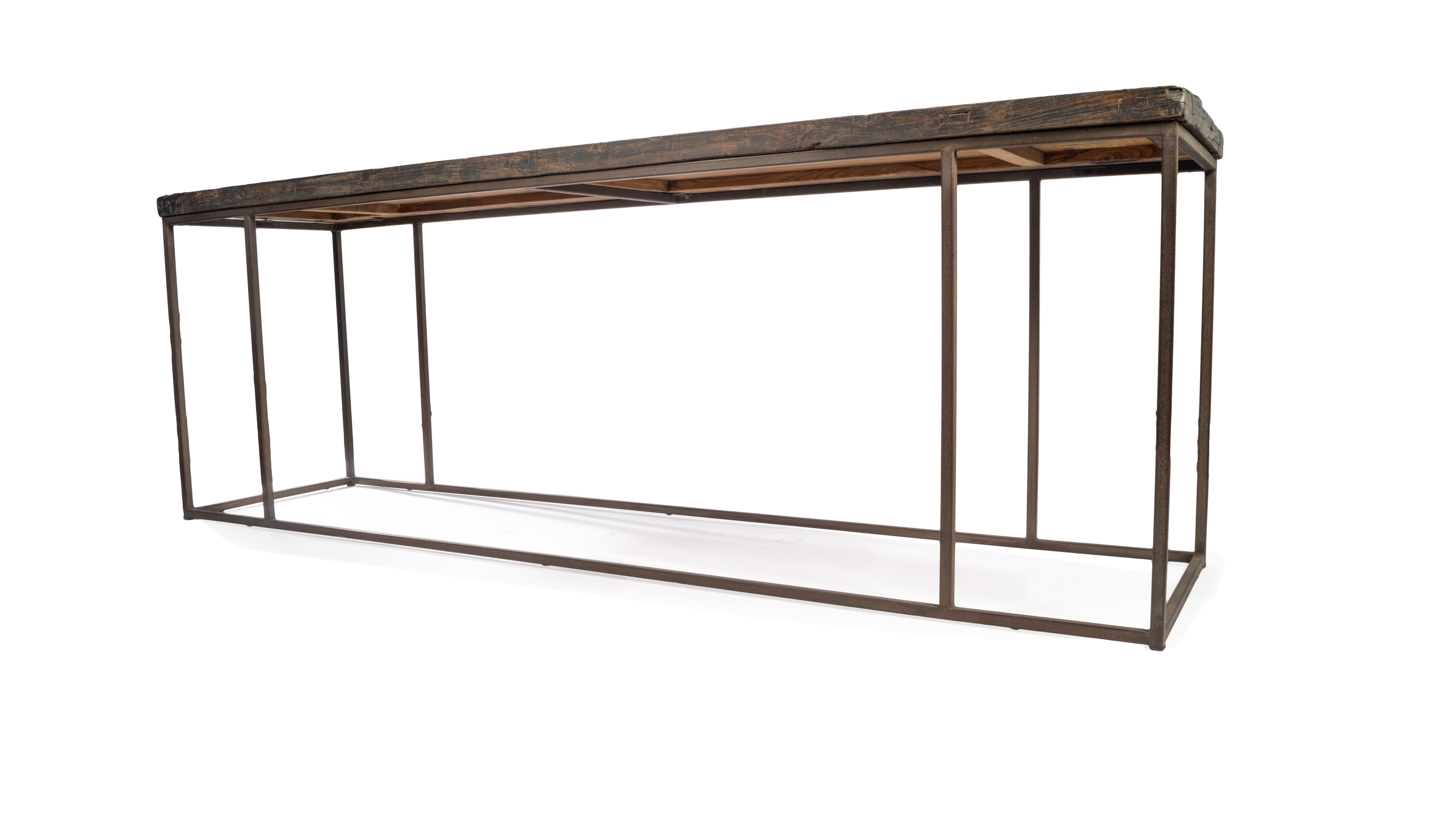 Modern Console with Reclaimed Elm Top in Original Paint Patina on Steel Base