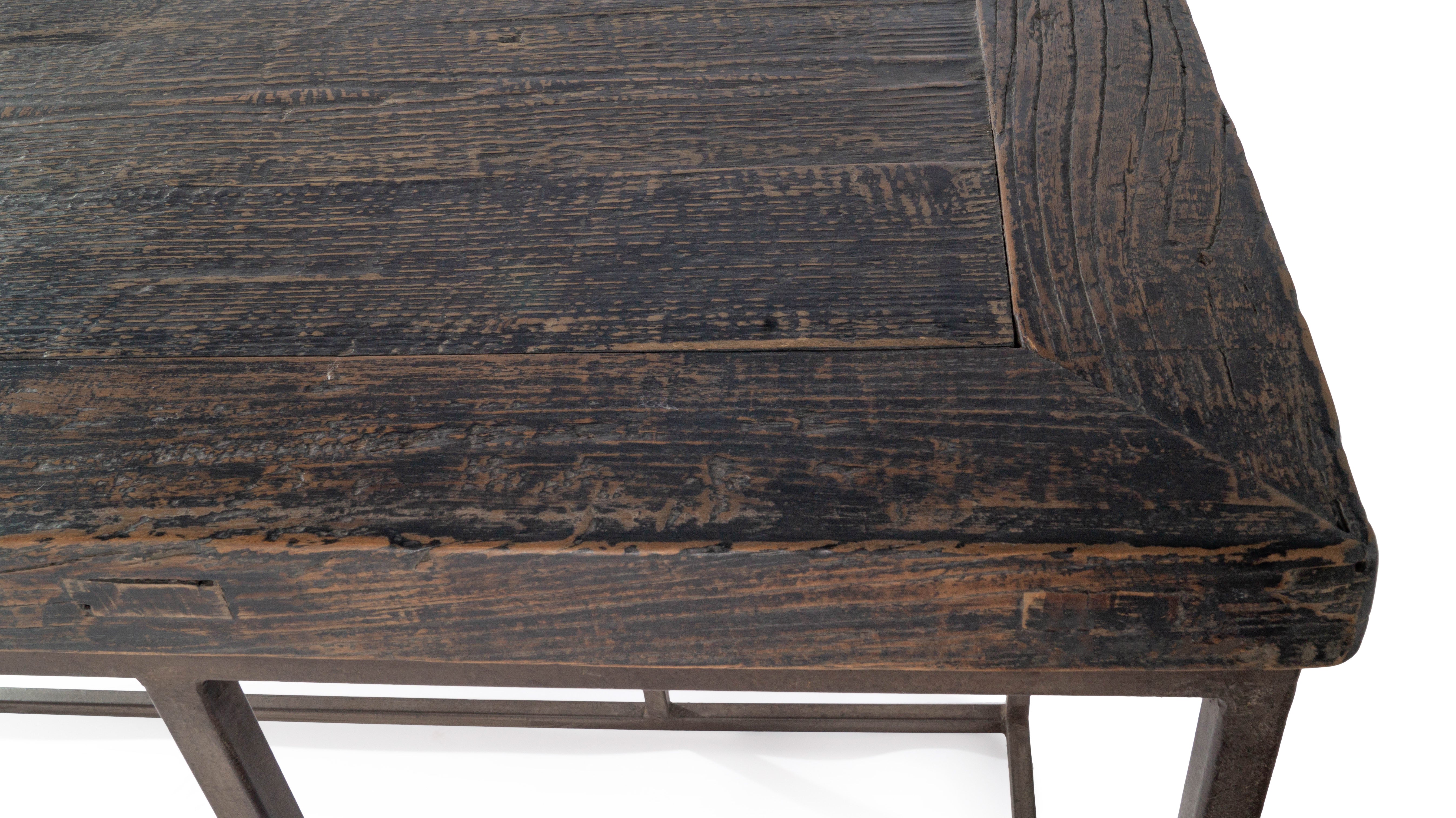 Modern Console with Reclaimed Elm Top in Original Paint Patina on Steel Base