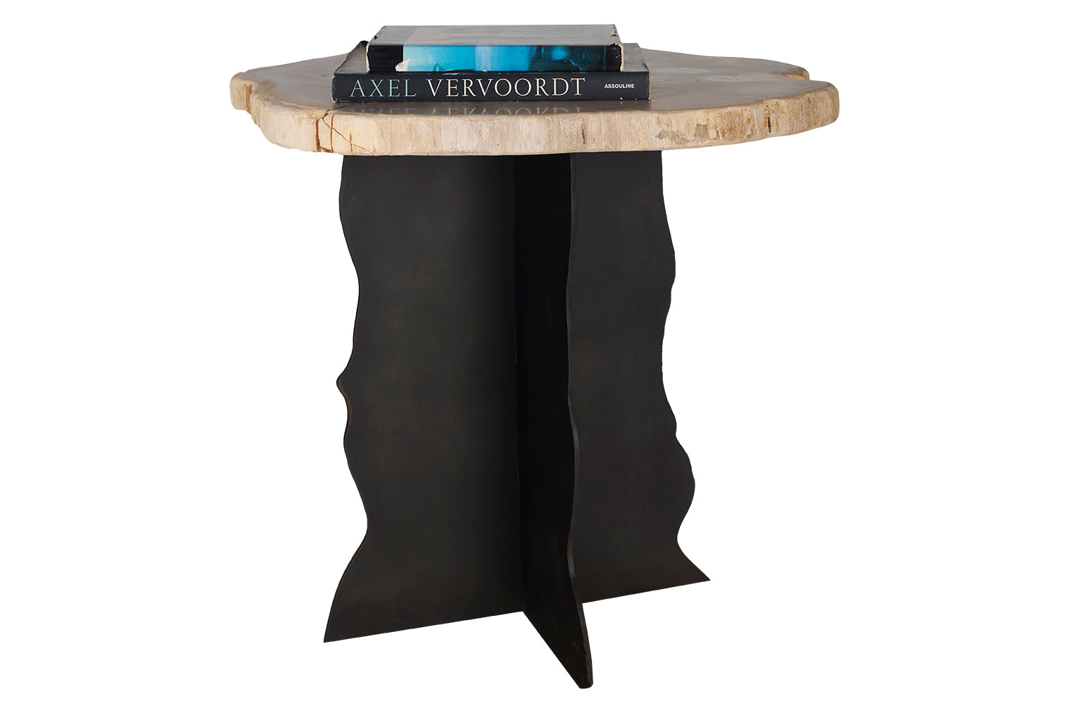 Petrified Wood Top on Free-Hand Ebonized Steel Base End Table