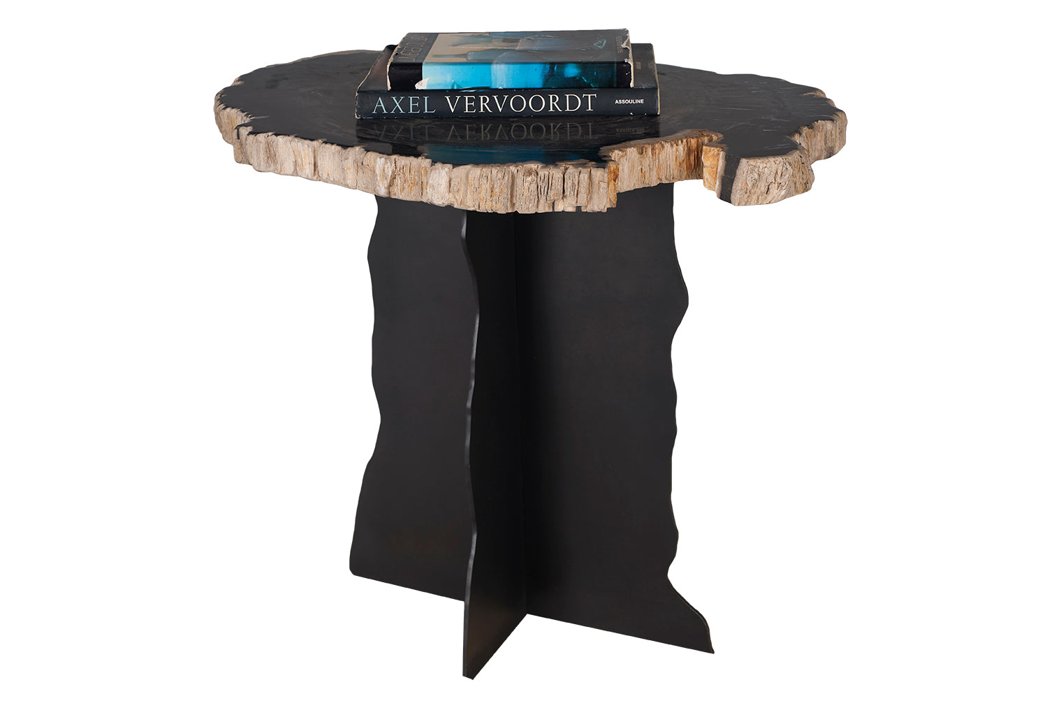 Petrified Wood Top on Free-Hand Ebonized Steel Base End Table