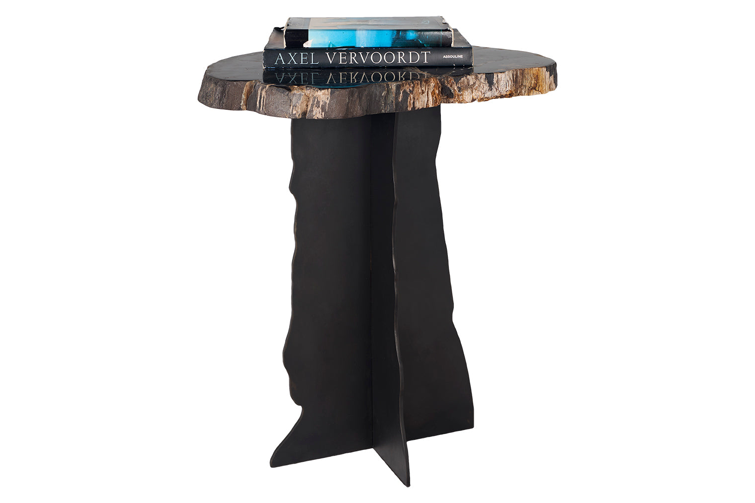 Petrified Wood Top on Free-Hand Ebonized Steel Base End Table
