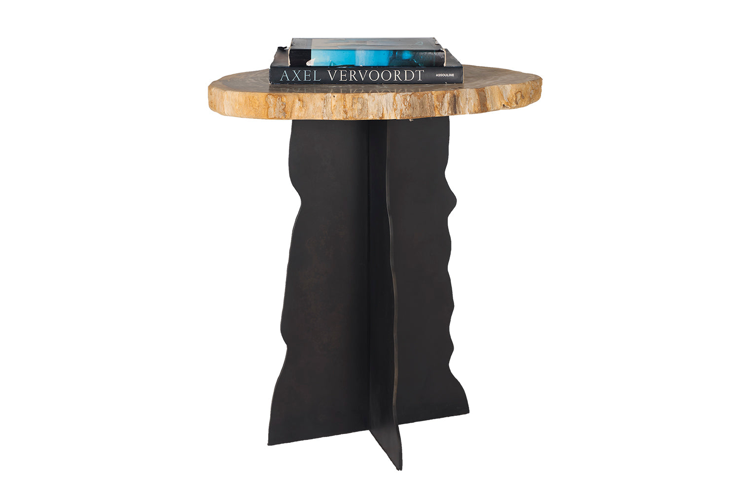 Petrified Wood Top on Free-Hand Ebonized Steel Base End Table