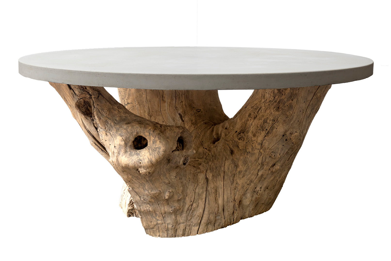 Teak Wood Organic Form Base with Cast Cement Top Dining Table