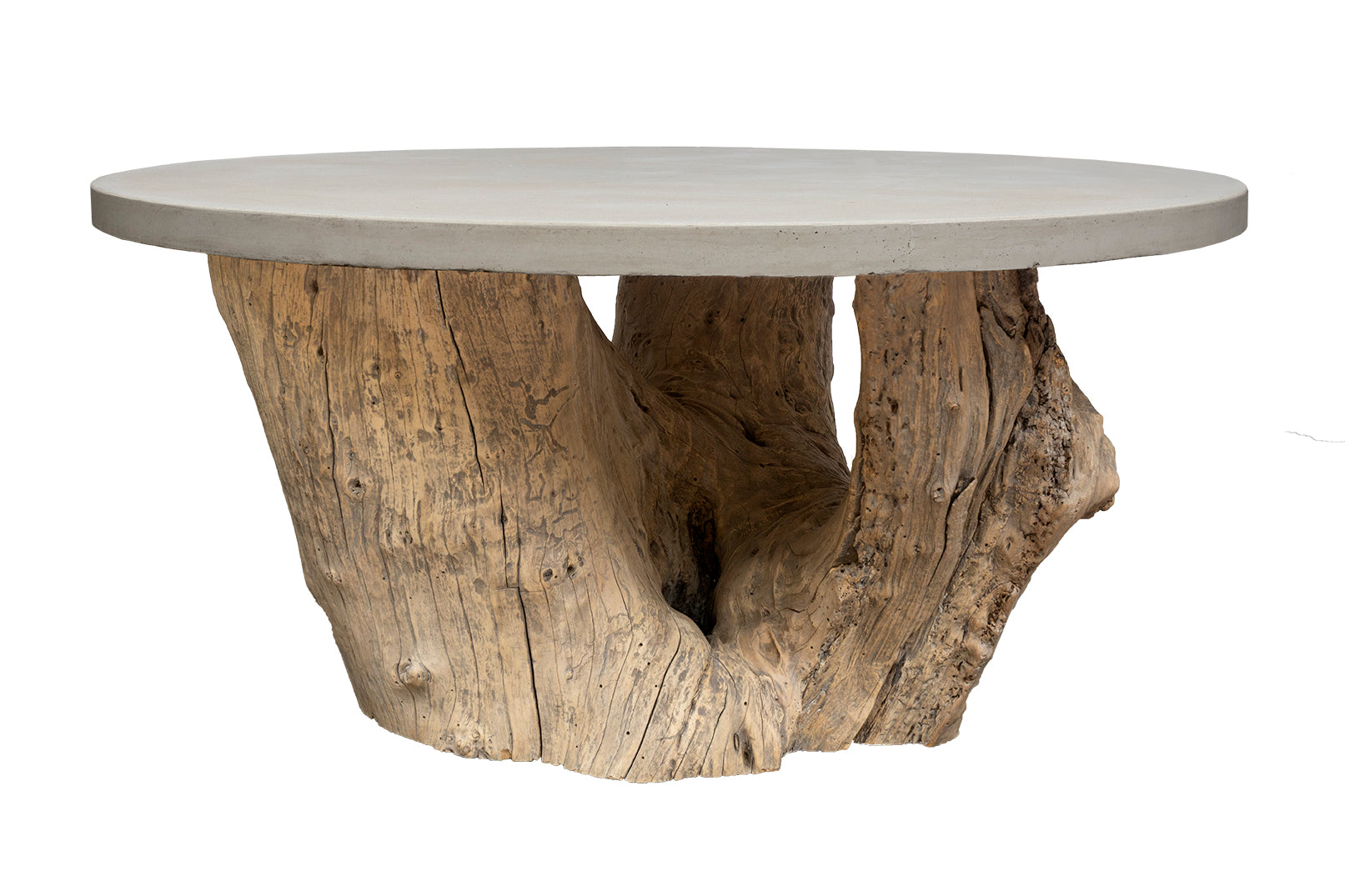 Teak Wood Organic Form Base with Cast Cement Top Dining Table