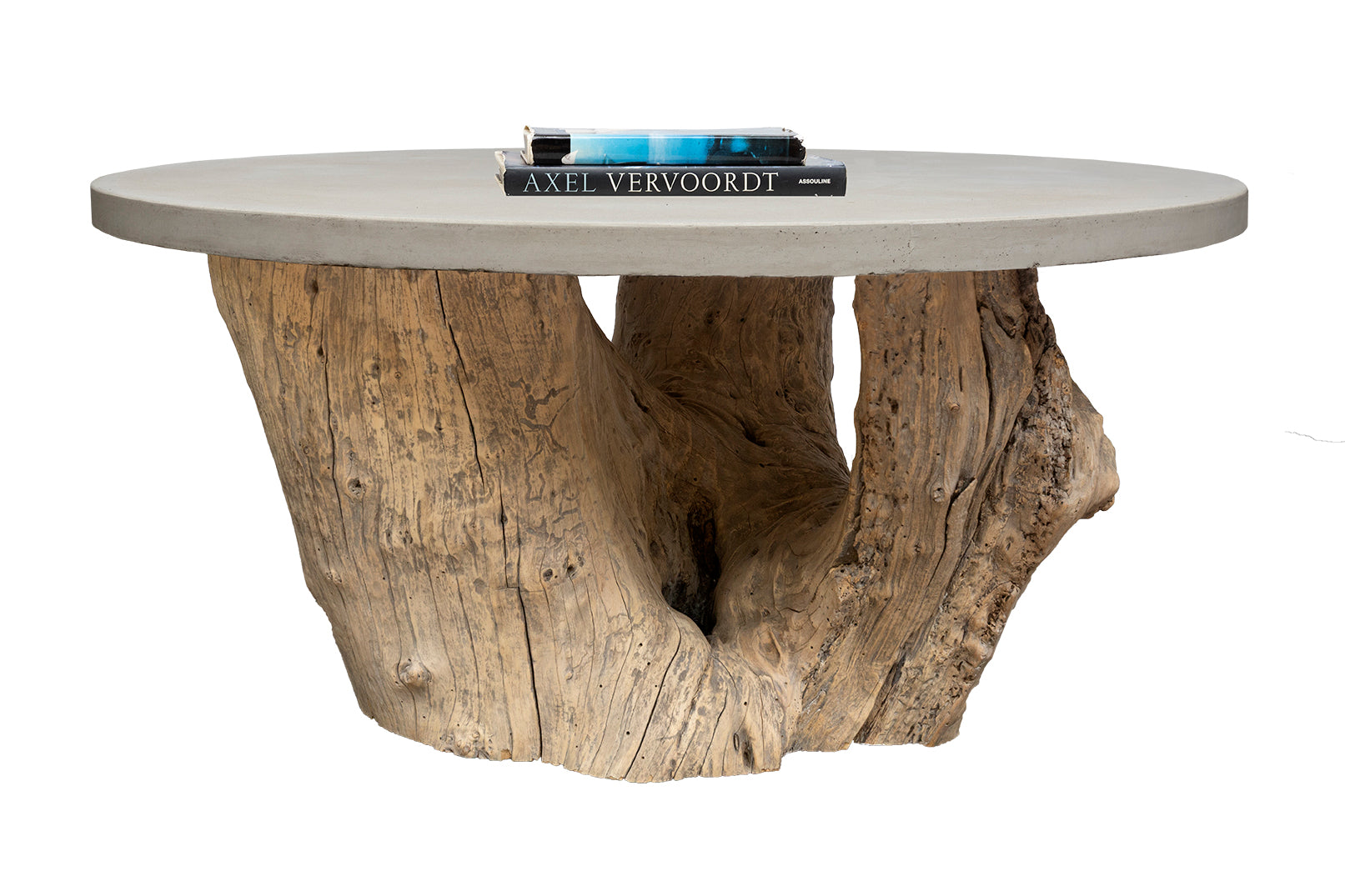 Teak Wood Organic Form Base with Cast Cement Top Dining Table