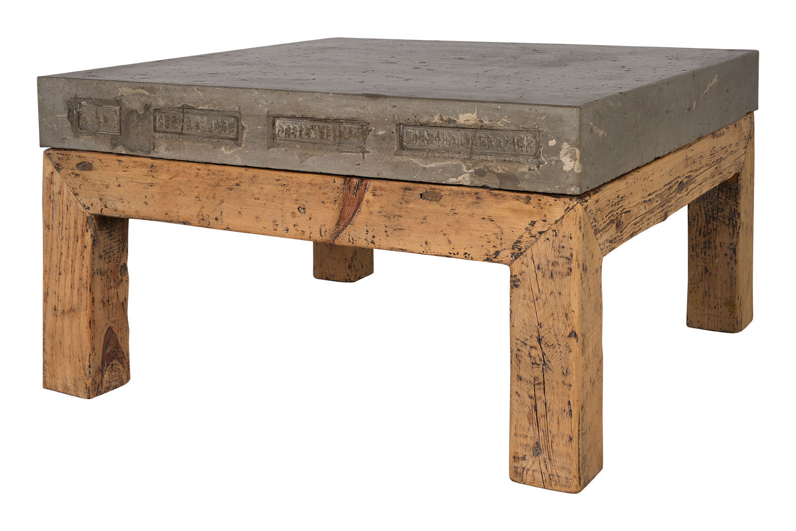 South Asia Architectural Stone Top Wood Base Coffee Table