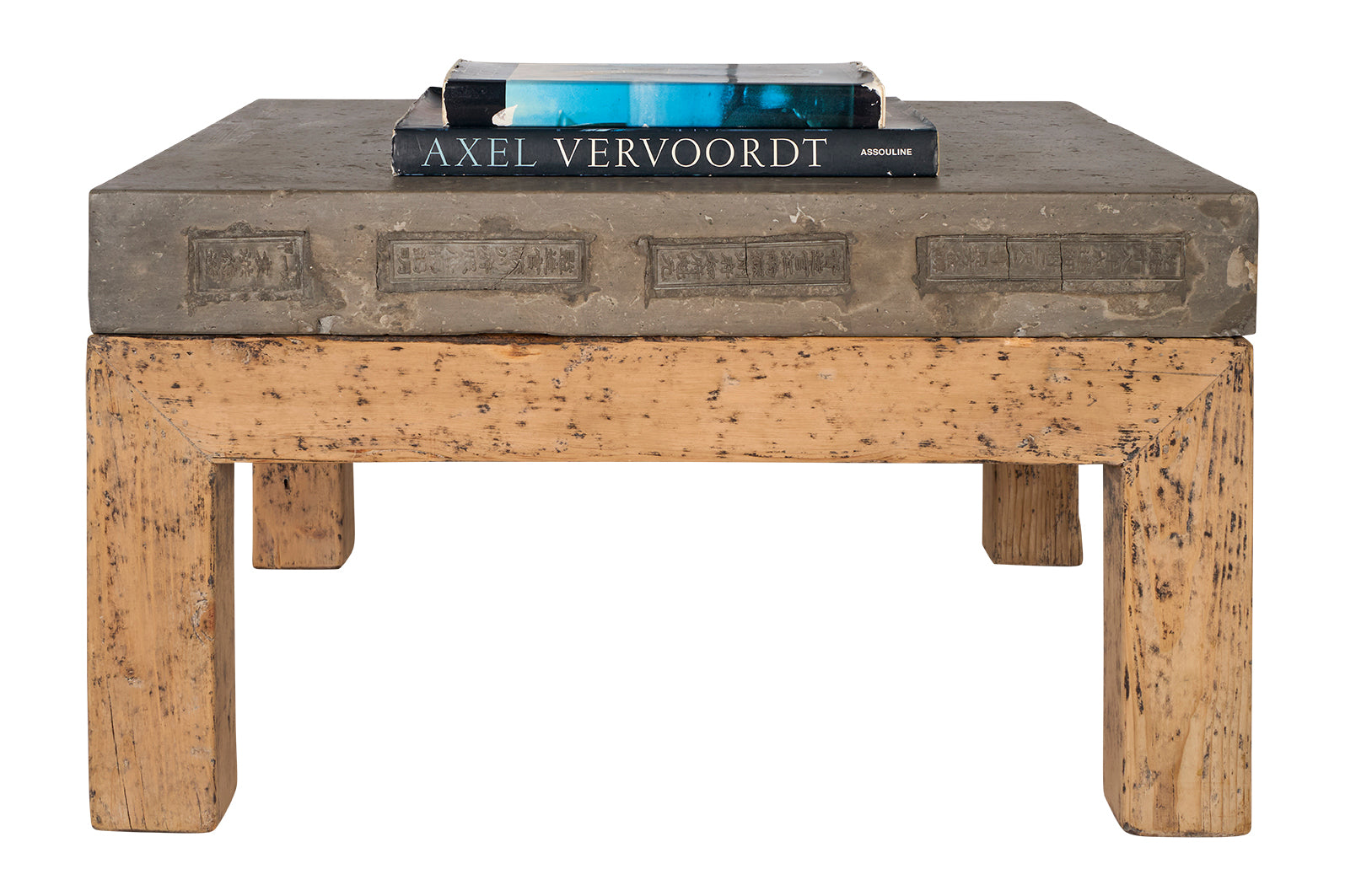 South Asia Architectural Stone Top Wood Base Coffee Table