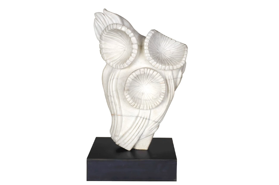 Hand Carved Carrera Marble Bouquet on Oxidized Steel Base