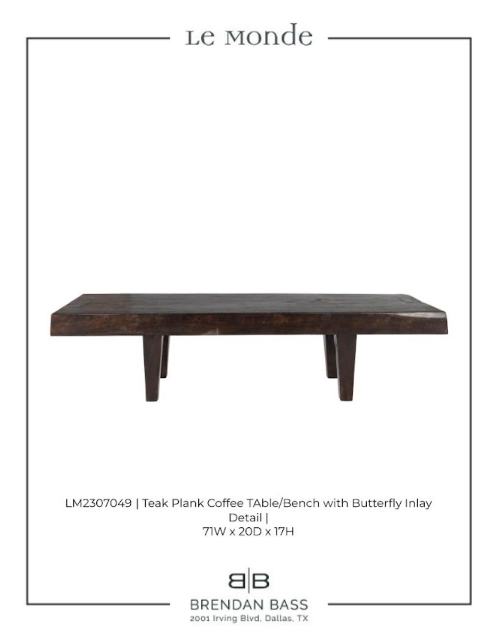 Teak Plank Coffee Table or Bench with Butterfly Inlay Top