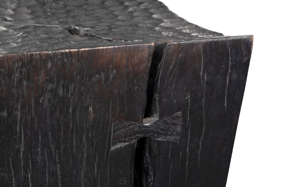 Ebonized Carved Wood Side Table with Butterfly Inlay and Cats Tonge Detail Top