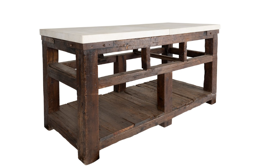 Vintage Industrial Tradesman Table with Limestone Top