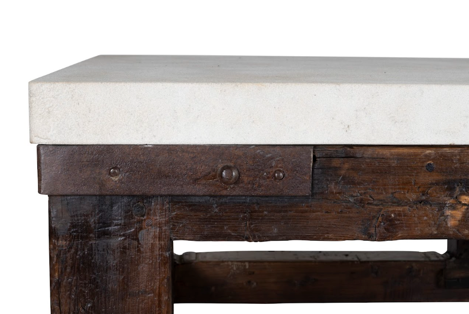 Vintage Industrial Tradesman Table with Limestone Top