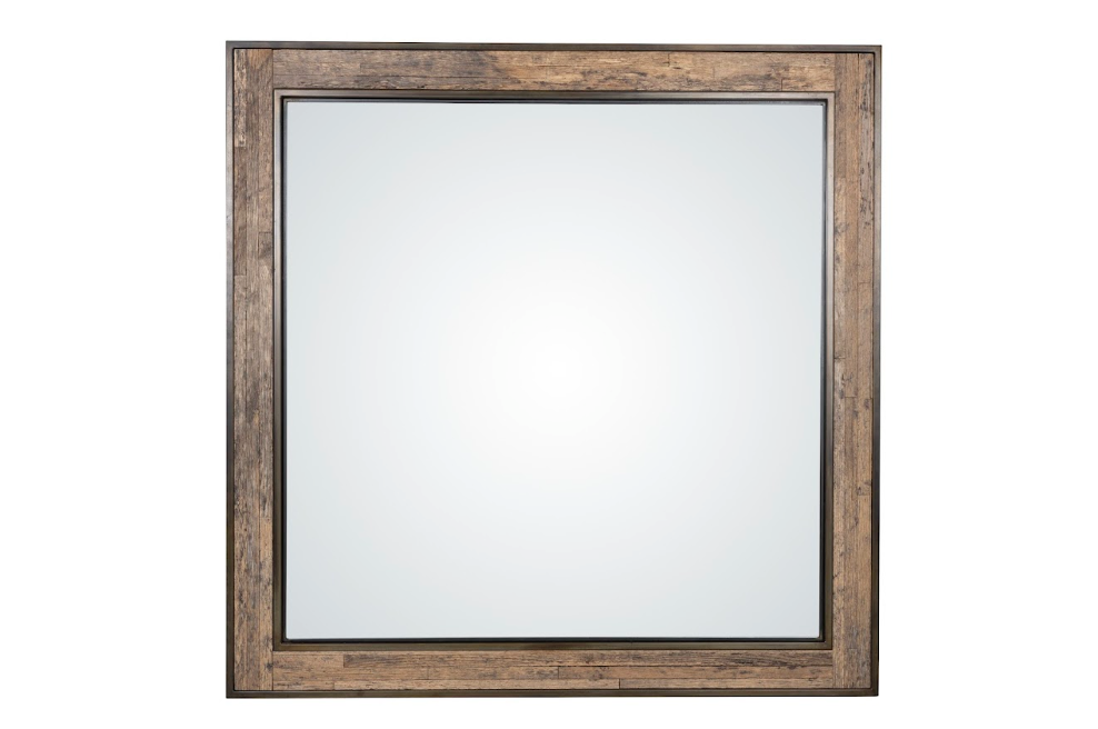Square Metal Frame Mirror with Wood Panel Inlay