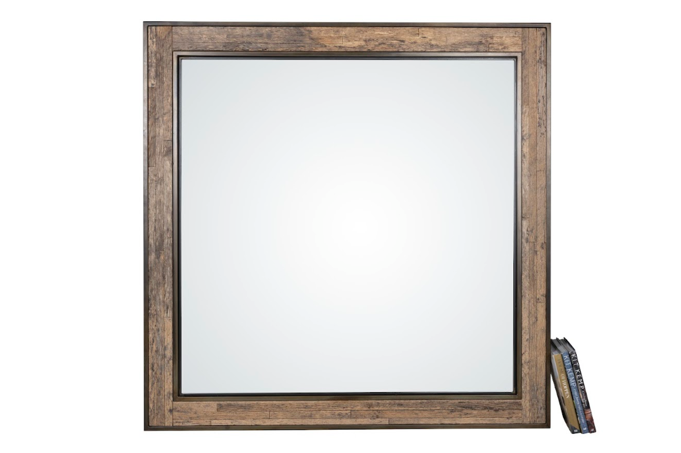 Square Metal Frame Mirror with Wood Panel Inlay