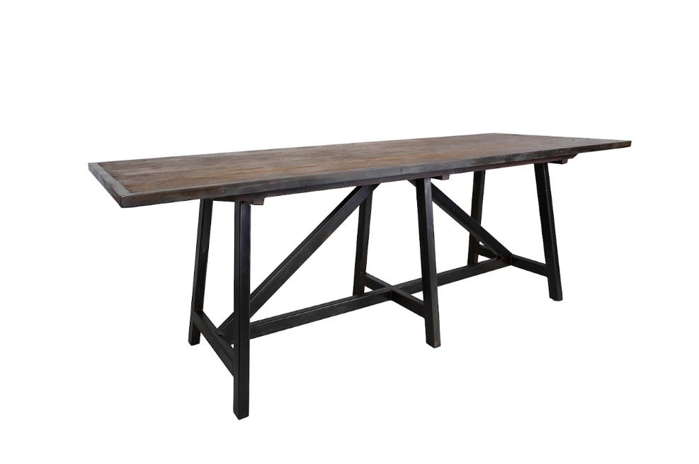 Bar Height Island Table, Vintage Elm Steel Framed Top, Ebony Patina Angle Base